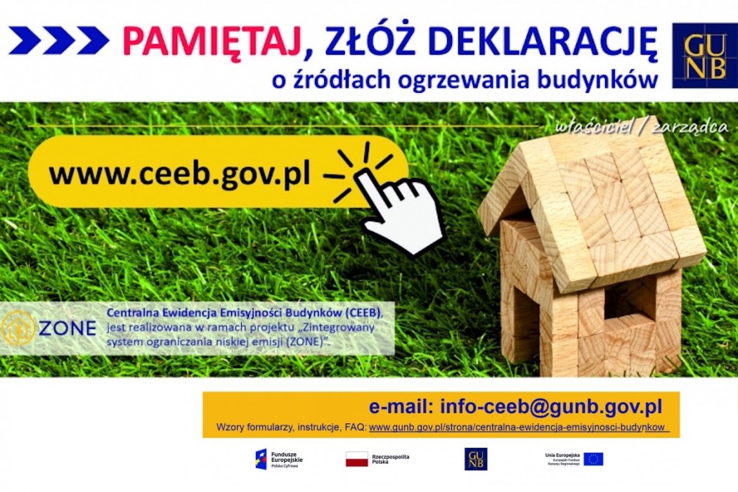 Plakat informujący o składaniu deklaracji odnośnie źródeł ogrzewania budynków.