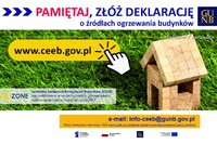 Plakat informujący o składaniu deklaracji odnośnie źródeł ogrzewania budynków.