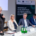 Przedstawicielka IOŚ-PIB przemawia podczas konferencji, obok niej siedzi trzech prelegentów przy stole.