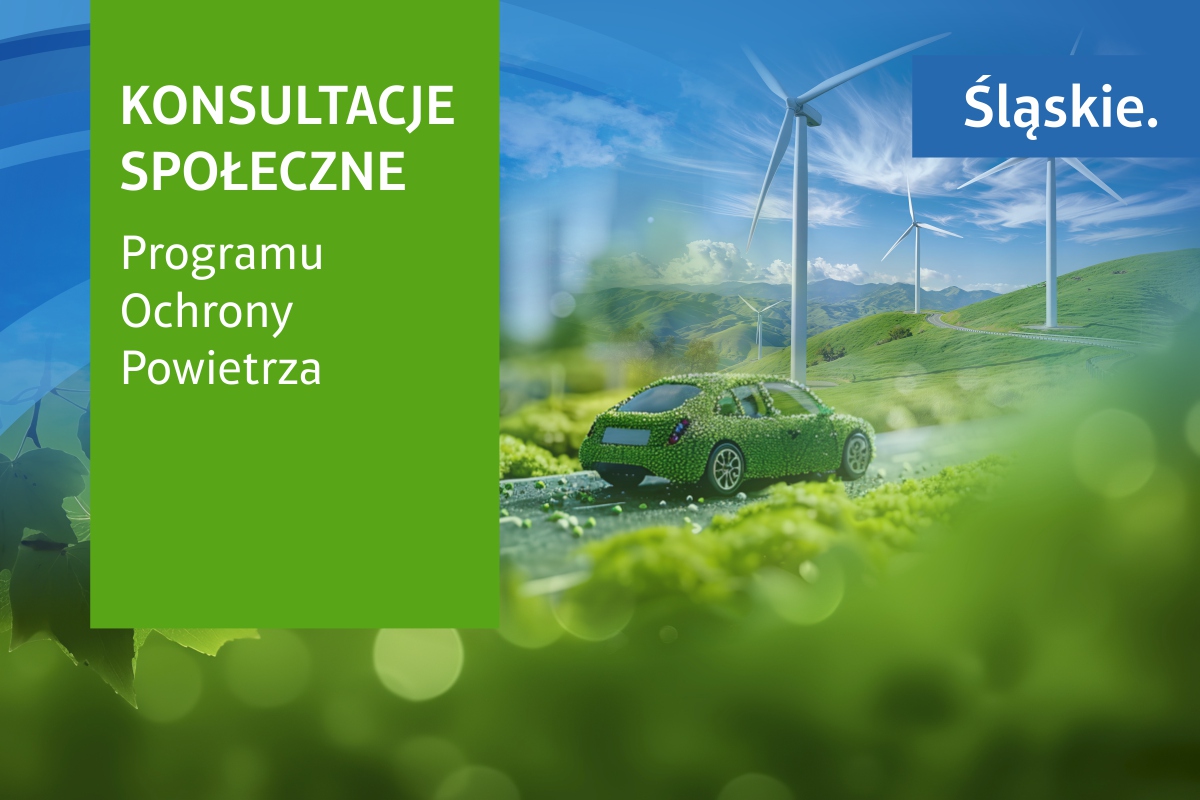 Grafika promująca konsultacje społeczne Programu Ochrony Powietrza w województwie śląskim, przedstawiająca zielony samochód, turbiny wiatrowe i krajobraz symbolizujący ekologiczne rozwiązania.