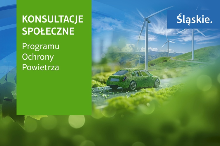 Grafika promująca konsultacje społeczne Programu Ochrony Powietrza w województwie śląskim, przedstawiająca zielony samochód, turbiny wiatrowe i krajobraz symbolizujący ekologiczne rozwiązania.